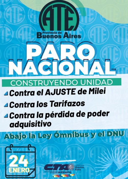 ATE: Paro por 24 horas «Abajo la Ley Ómnibus y el DNU»