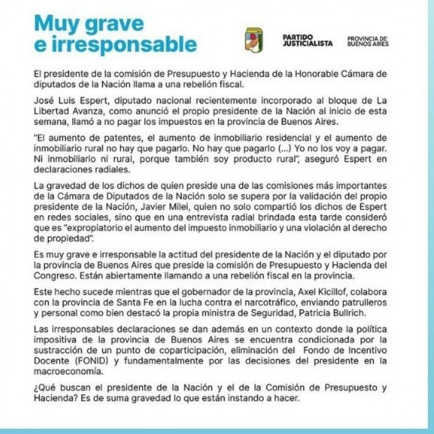 El PJ bonaerense cruzó a Javier Milei y José Luis Espert por instigar a no pagar impuestos: 