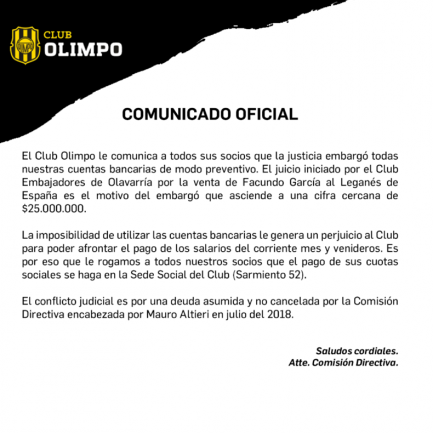 La Justicia le embargó todas las cuentas al Club Olimpo