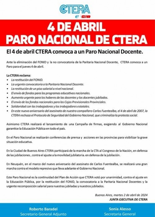 CETERA ANUNCIA UN PARO PARA ESTE JUEVES 4 DE ABRIL