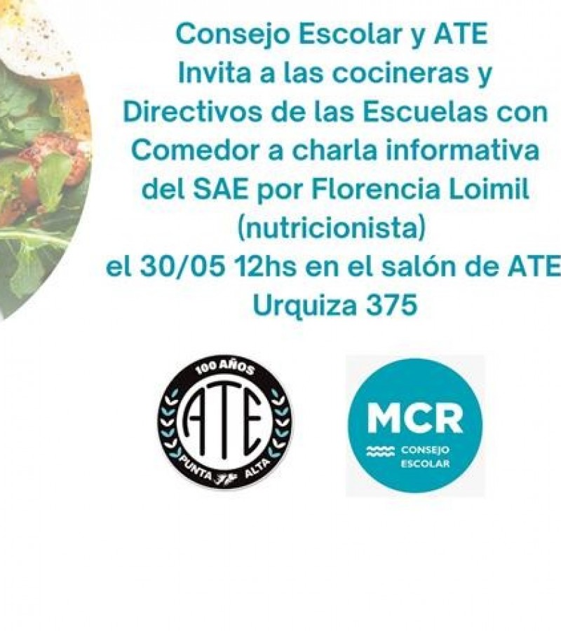 ATE y el Consejo Escolar darán una Charla Informativa sobre Nutrición Escolar