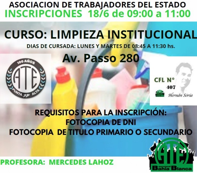 ATE: Curso de Limpieza Institucional para auxiliares de la Educacion