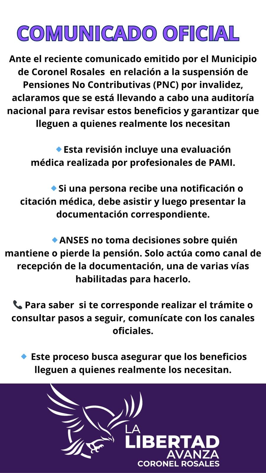 Suspensión de Pensiones no Contributivas: LLA Desmiente trascendido de municipalidad