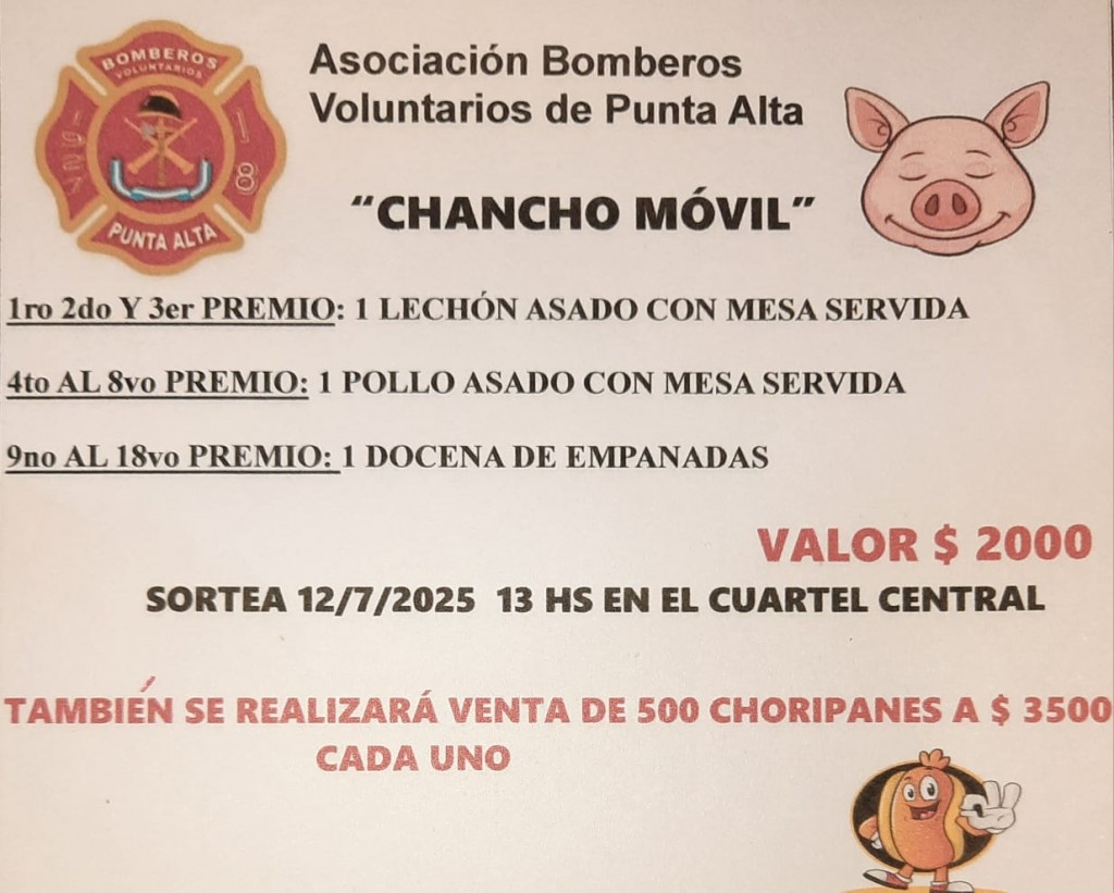 Rifa tradicional chancho móvil y otros premios para recaudar fondos