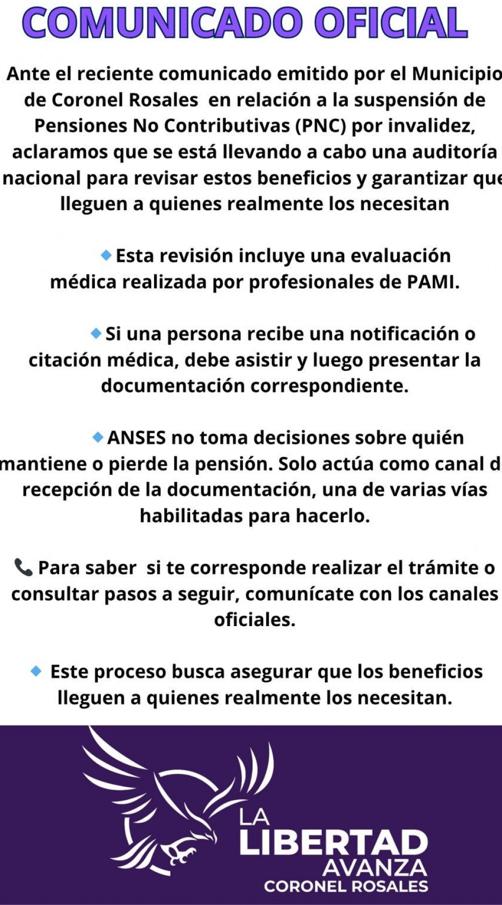 Suspensión de Pensiones no Contributivas: LLA Desmiente trascendido de municipalidad