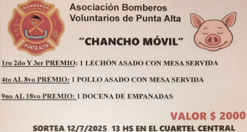 Rifa tradicional chancho móvil y otros premios para recaudar fondos