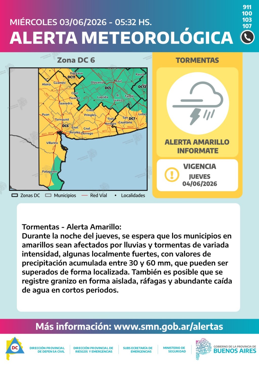 ALERTA AMARILLO POR TORMENTAS EN LA REGI&Oacute;N