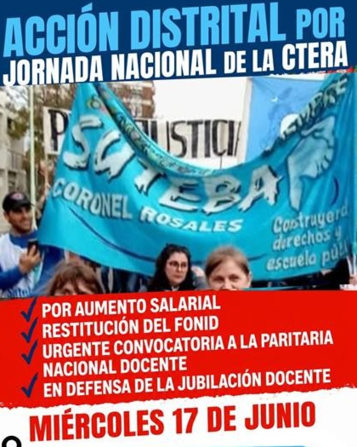 SUTEBA Coronel Rosales convoca a jornada de protesta distrital
