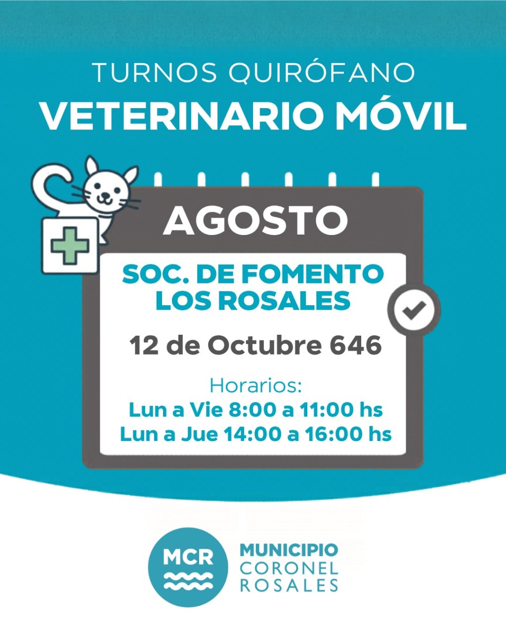 El Veterinario M&oacute;vil atender&aacute; durante agosto en la Sociedad de Fomento Los Rosales