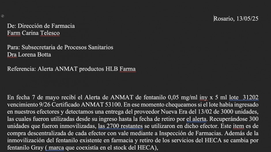 El documento que revela que Rosario alertó a la Anmat en febrero del fentanilo contaminado y no hicieron nada hasta mayo