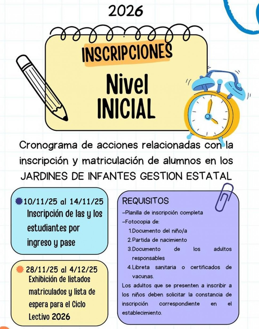 Cronograma de inscripción y matriculación para Jardines de Infantes en Coronel Rosales