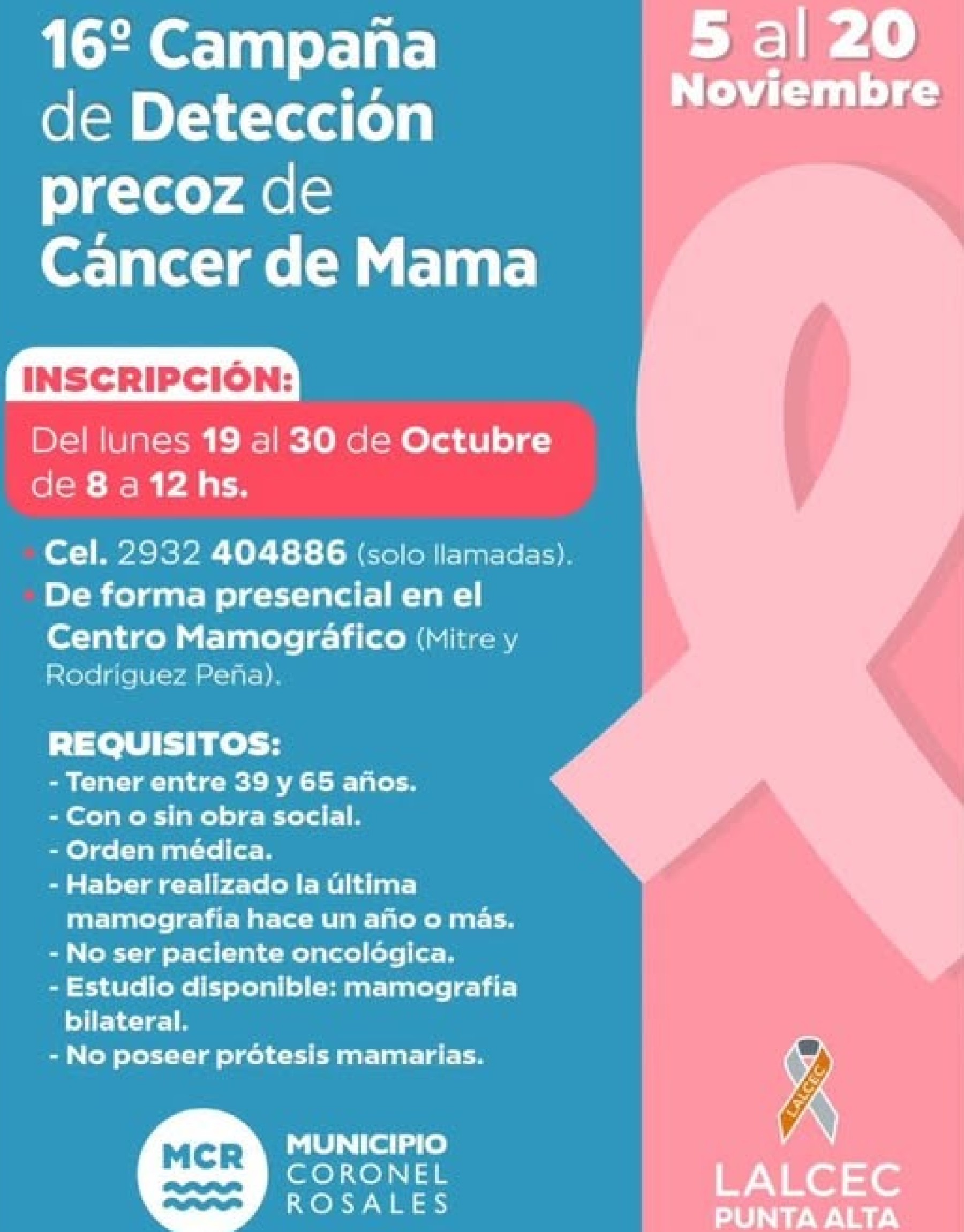 Se realizar&aacute; la 16&deg; Campa&ntilde;a de Detecci&oacute;n Precoz del C&aacute;ncer de Mama