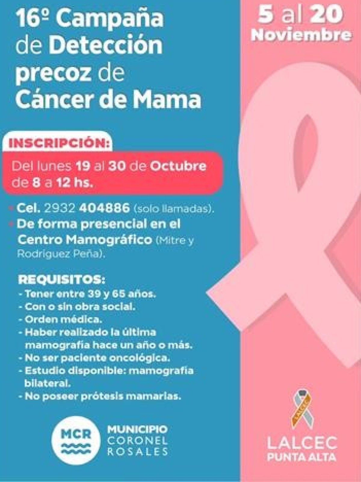Abren la inscripci&oacute;n para la 16&deg; Campa&ntilde;a de Detecci&oacute;n Precoz del C&aacute;ncer de Mama en Coronel Rosales