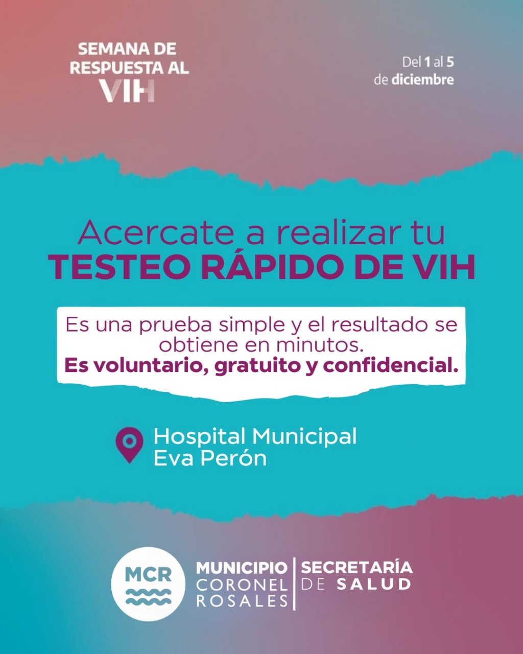 Semana de Respuesta al VIH: recuerdan la disponibilidad del test rápido en el Hospital Municipal Eva Perón  Bajada: